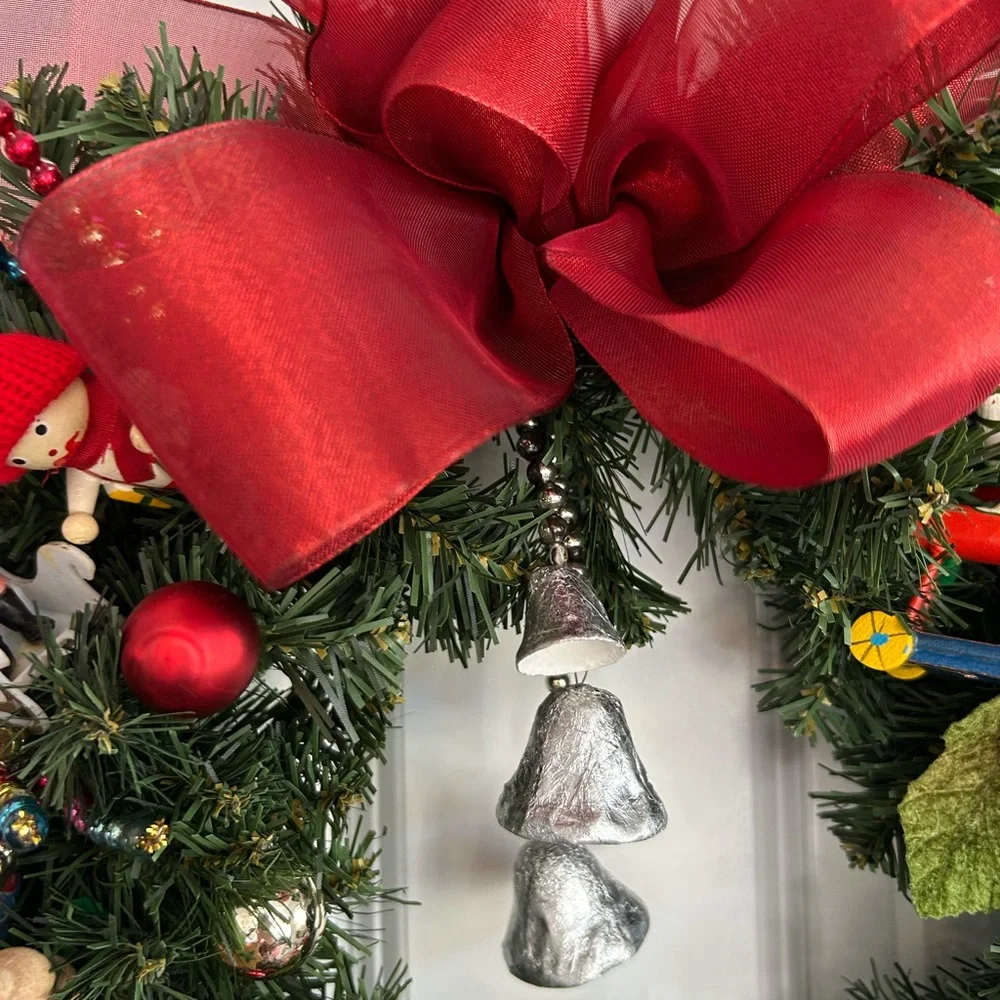 Vintage Repurposed Festive Holiday Wreath with Red Accents - Picture 3 of 10